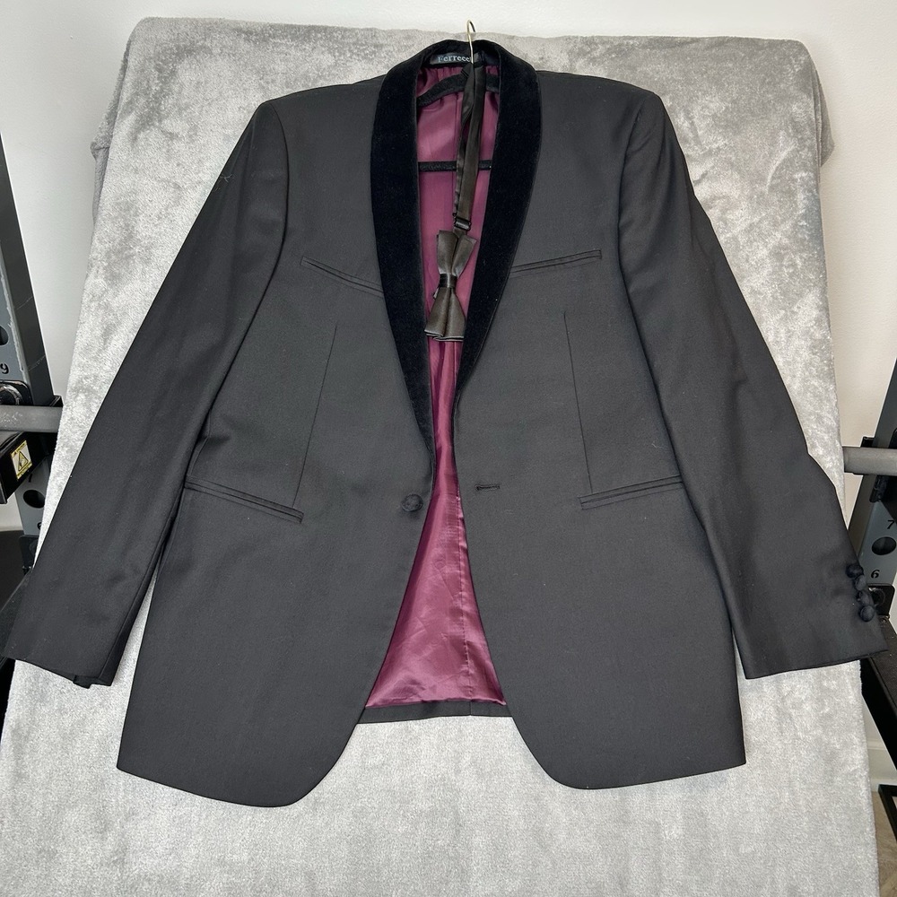 Ferrecci Men's Black & Purple Tuxedo Suit Jacket 1 Button Black Bow Tie Size 42R